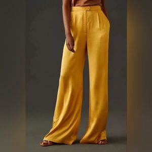 Anthropologie Corey Lynn Calter Petra Satin Wide Leg Trouser Pants, Yellow, L